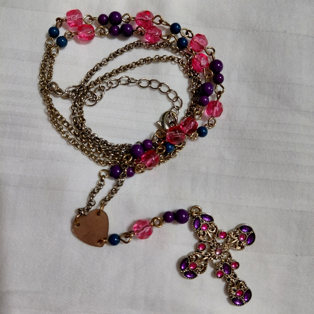 Gold Cross Heart Beaded Necklace